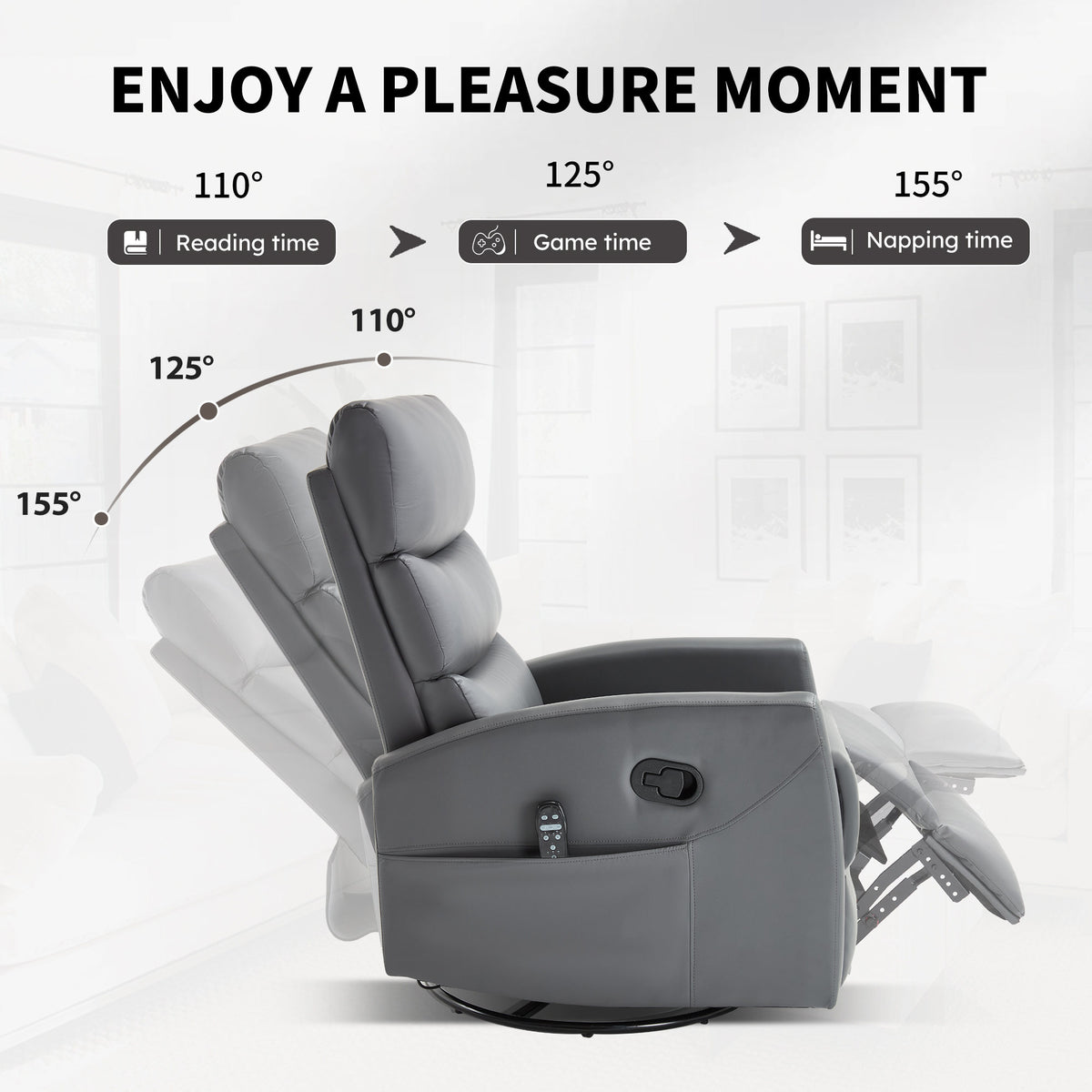 Heat Massage Manual Recliner Chair with Rocker and Swivel in Fabric, Grey – Model W3224P322245