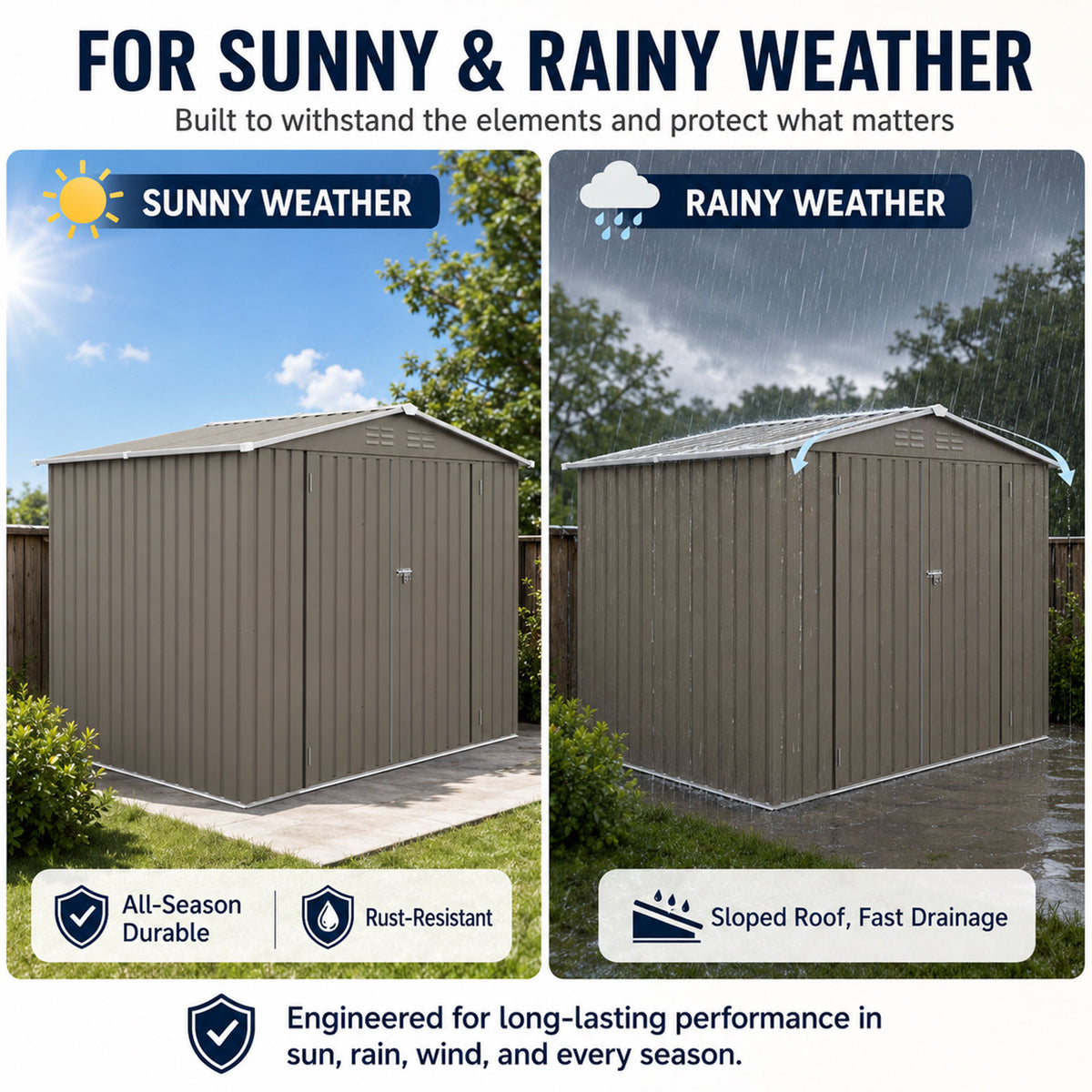 8*6 FTOutdoor Metal Storage Shed, Galvanized Steel Panel Tool House with Lockable Double Door & Built-in Vents for Backyard Garden Equipment Storage Olive Grey(7.84*5.71 FT)