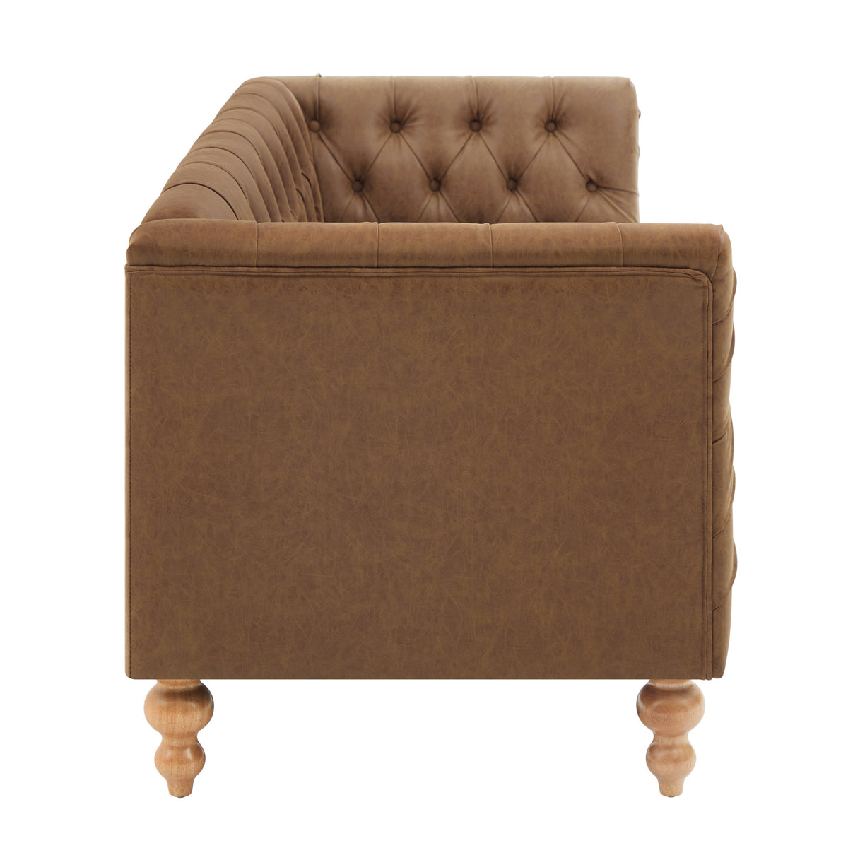 73.5'' Chesterfield Sofa PU Upholstered Couch with Flared Arms, Tufted Back & Natural Rubberwood Legs Multi Cushion Seat Sofa for Living Room and Home Lounge, Brown