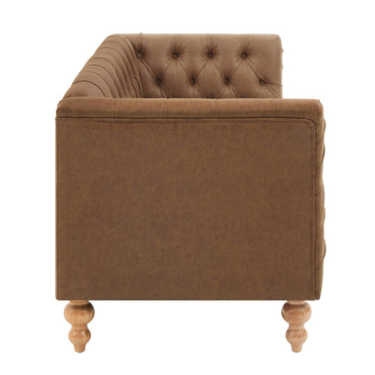 73.5'' Chesterfield Sofa PU Upholstered Couch with Flared Arms, Tufted Back & Natural Rubberwood Legs Multi Cushion Seat Sofa for Living Room and Home Lounge, Brown