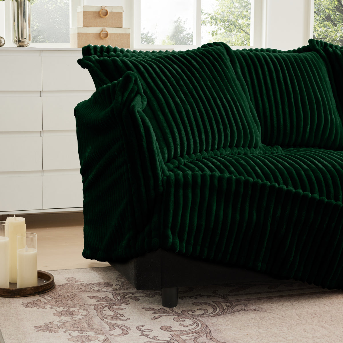 L-Shaped Slipcovered Sectional Sofa Couch, Comfy Deep Seat Cloud Couch with Convertible Ottoman & 2 Big Pillows, Modern Oversized 3 Seater Slipcovered Sofa Set for Living Room Office, Green Corduroy