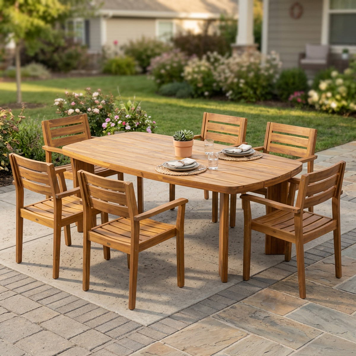 7‑Piece Acacia Wood Outdoor Dining Set, 71' Oval Slatted Teak Finish Patio Table with 6 Arm Chairs, Weather‑Resistant Wooden Dining Furniture for Backyard Garden Deck