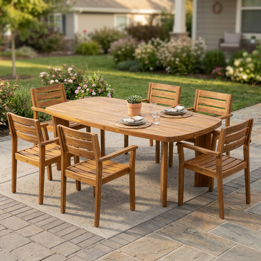 7‑Piece Acacia Wood Outdoor Dining Set, 71' Oval Slatted Teak Finish Patio Table with 6 Arm Chairs, Weather‑Resistant Wooden Dining Furniture for Backyard Garden Deck