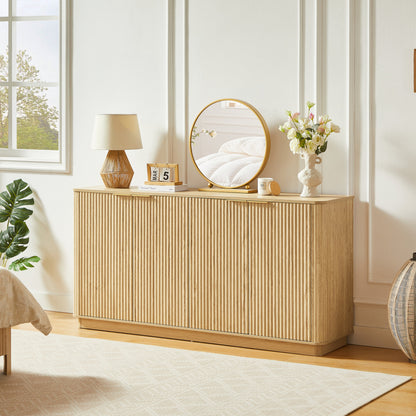 63" Vertical Stripe Buffet Cabinet Sideboard with stoarge, Curved wave Design, TV Stand, Oak, 63''W x 15.75''D x 31.5''H.