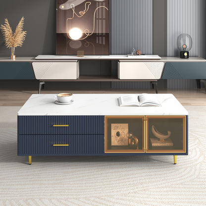 Modern Navy Blue Coffee Table with 2 Glass Door Storage, 4 Drawers, Gold Metal Legs, and Multi-Color Lighting in 47.2''