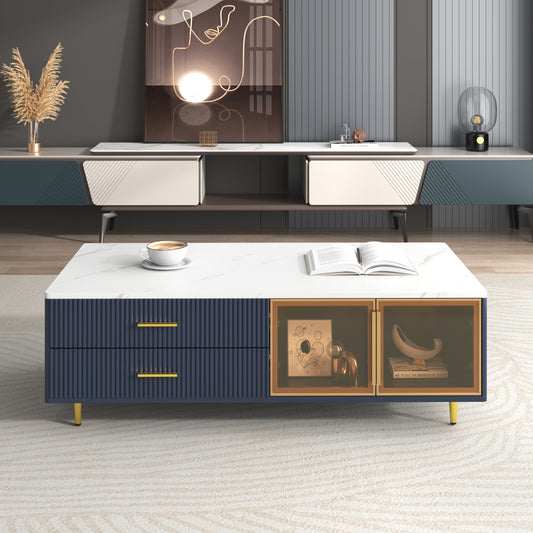 Modern Navy Blue Coffee Table with 2 Glass Door Storage, 4 Drawers, Gold Metal Legs, and Multi-Color Lighting in 47.2''