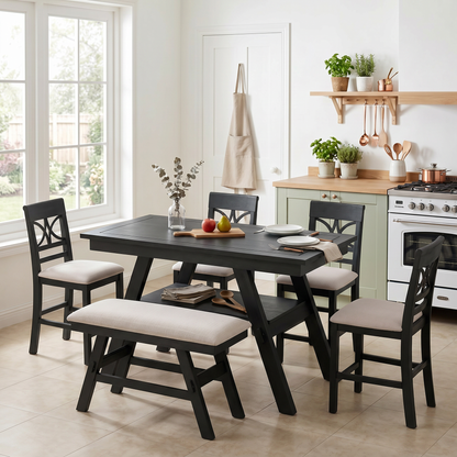 TOPMAX 6-Piece Wood Counter Height Dining Table Set with Storage Shelf, Kitchen Table Set with Bench and 4 Chairs, Rustic Style