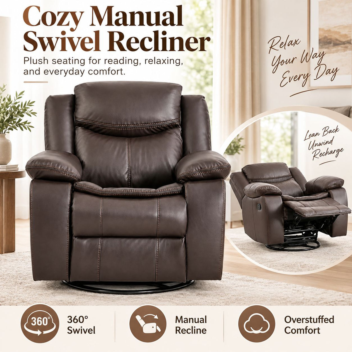 Faux Leather Swivel Recliner Chair, Manual Reclining Armchair with 360° Swivel Base, Padded Backrest & Armrests