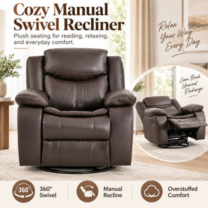 Faux Leather Swivel Recliner Chair, Manual Reclining Armchair with 360° Swivel Base, Padded Backrest & Armrests