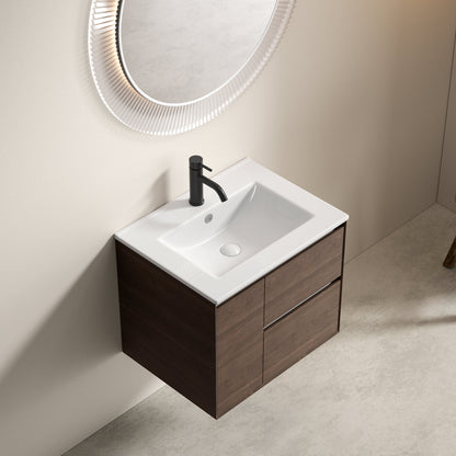 24 inch Bathroom Vessel Sink, Ceramic Bathroom Vanity Sink Top with Overflow, No Drain Convenient for Storing Personal Items - Glossy White