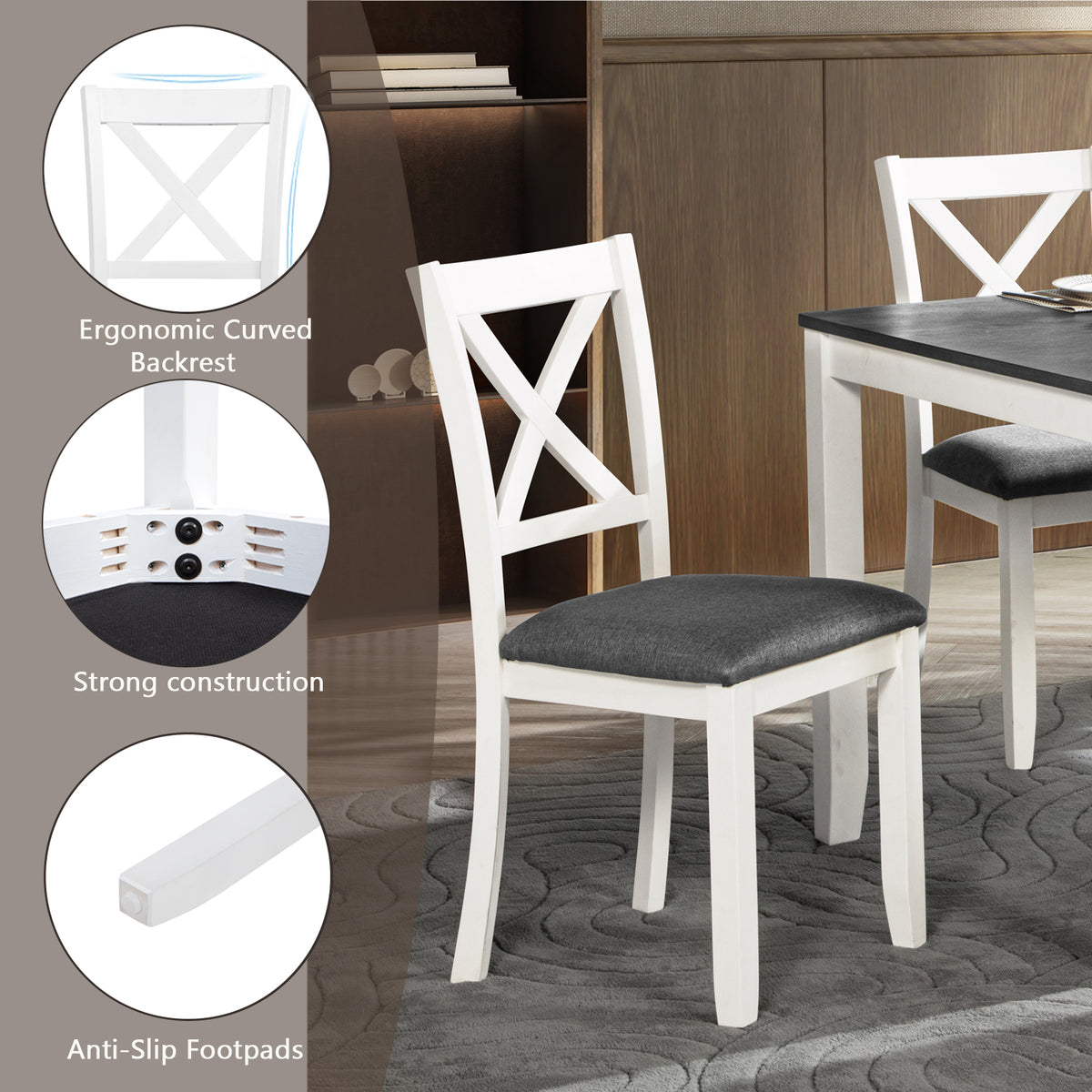 Modern 6-Piece Dining Table Set with Bench and Chairs for Dining Room or Kitchen - Grey & White Two-Tone