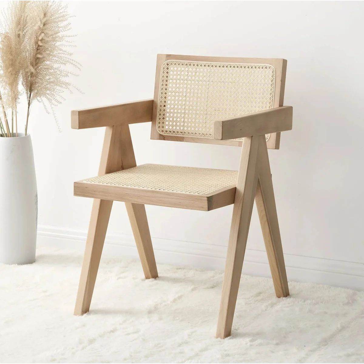 Mid-Century Modern Solid Wood Dining Accent Chair with Natural Rattan Cane Back & Seat, Vintage V-Leg Armchair for Living Room, Dining Room, Home Office