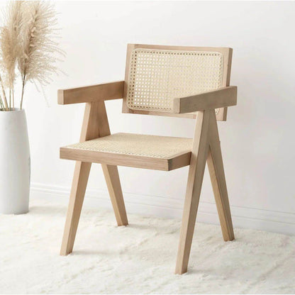 Mid-Century Modern Solid Wood Dining Accent Chair with Natural Rattan Cane Back & Seat, Vintage V-Leg Armchair for Living Room, Dining Room, Home Office
