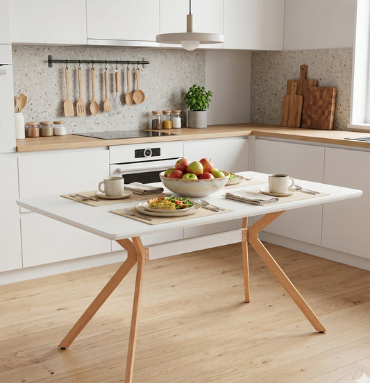 Modern Minimalist StyleDining Table MDF Anti-Scratch Top Metal Shelf Metal Heat Transfer Legs Leveling Feet For Dining Room Kitchen Office - White