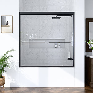 56'-60'W*60' H Semi-Frameless Double Sliding Shower Door, Bypass Shower Door, 1/4' (6mm) Thick SGCC Tempered Glass Door, Matte Black