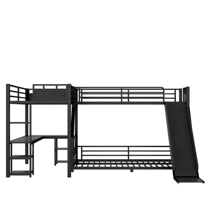 L-Shaped Metal Bunk Bed (Top bed: twin xl, bottom bed: queen) with Single Loft Bed, Desk, and Storage Shelves, USB Charging Port Included - Metal Triple Bunk Bed with Slide,B