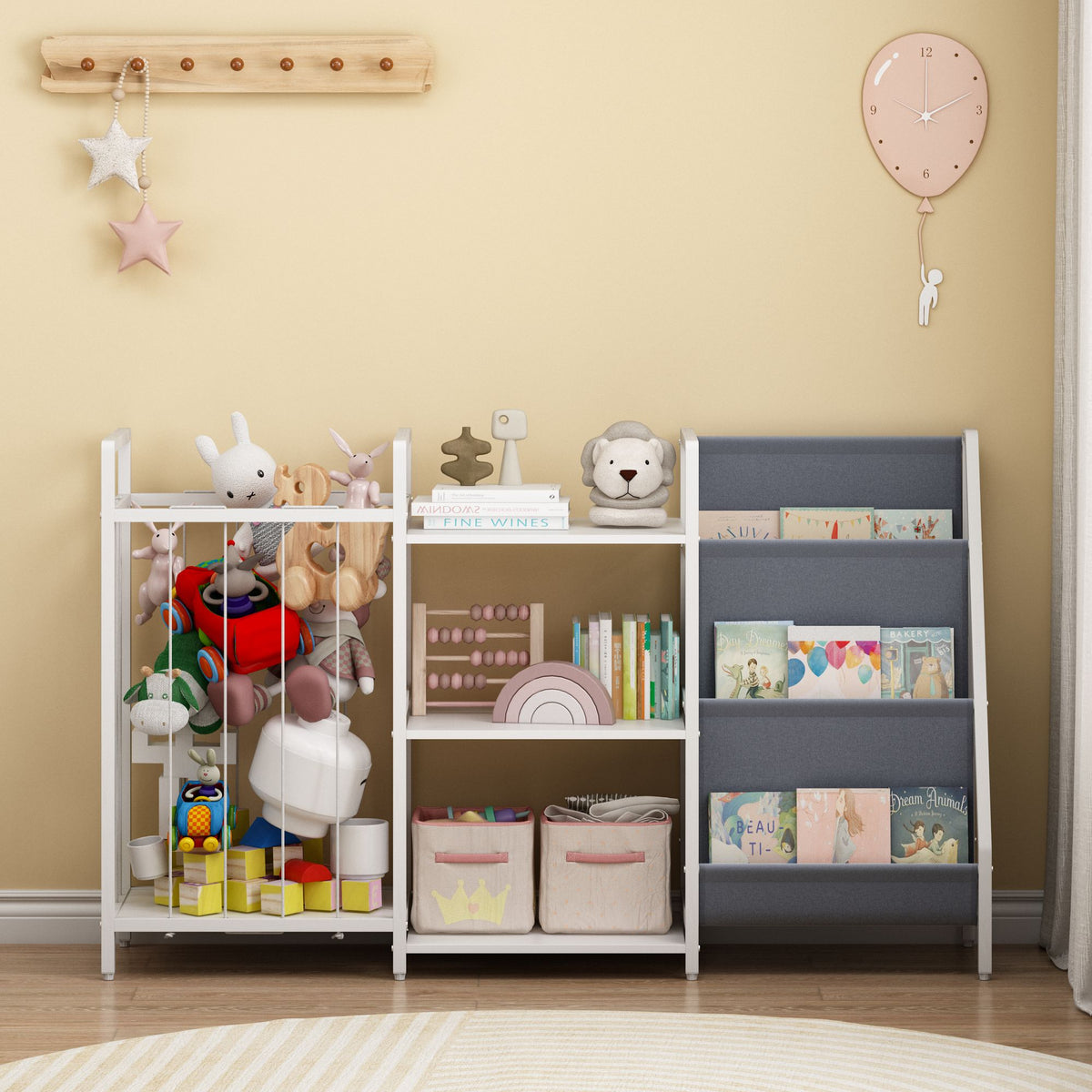 Kids Bookshelf and Toy Storage, 3-in-1 Book Shelf for Kids Rooms, Sling Baby Bookcase with Stuffed Animal Storage, Toddler Montessori Bookshelf for Nursery, Playroom, Kindergarten, Gray