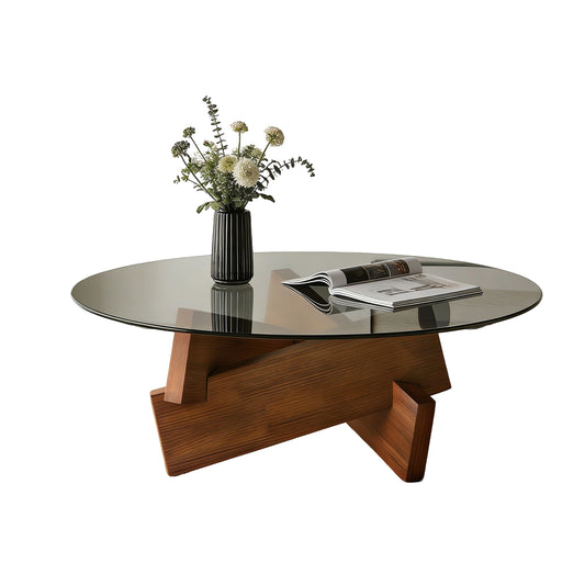 Modern Round Coffee Table for Living Room, 31.5" x 31.5" x 12.2" Mid Century Center Table with Tempered Glass Top and Wood, Walnut