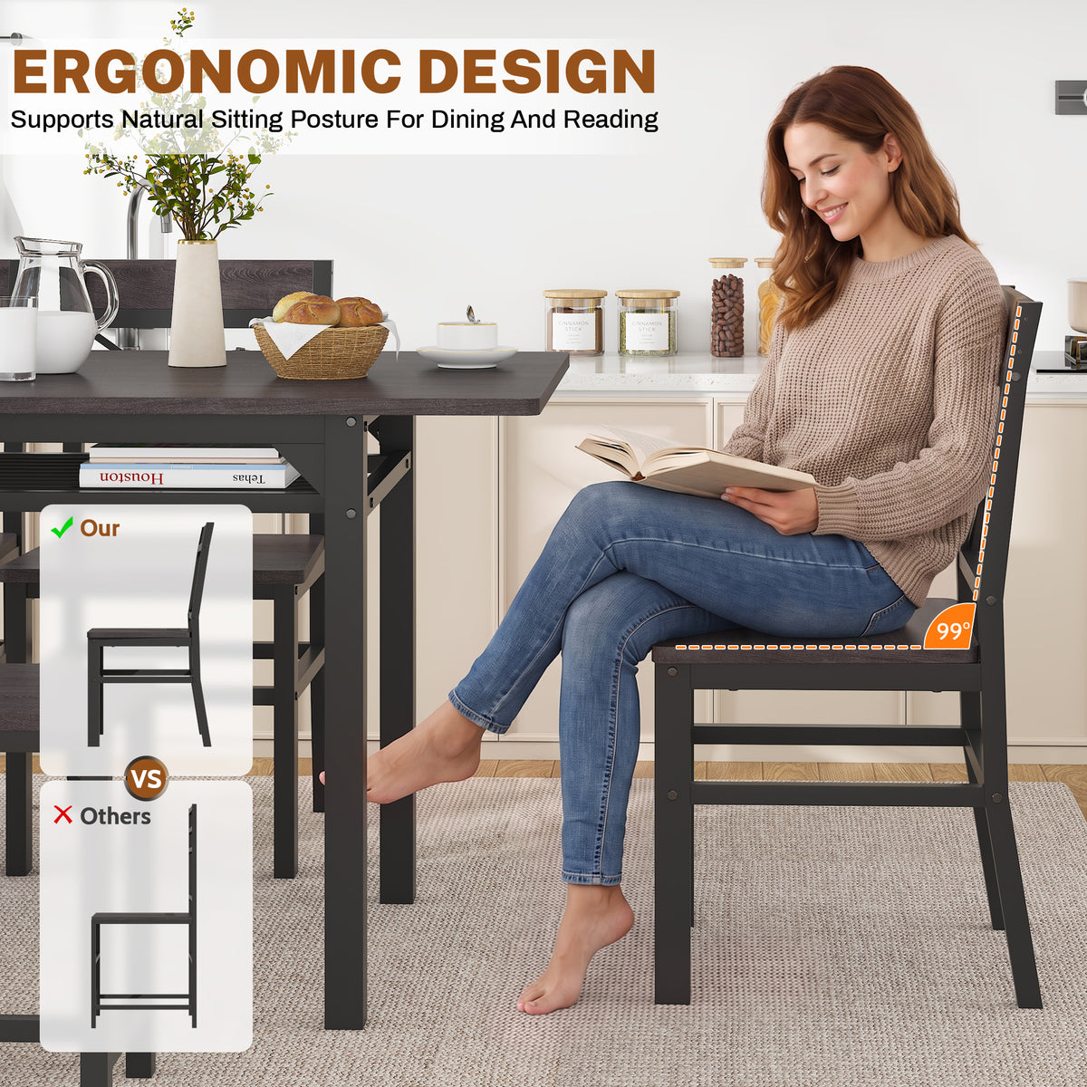 Dining Table Set for 6 with Storage Chairs, Wooden Kitchen Table Set, Farmhouse 5-Piece Dining Room Furniture, Compact Dinette Set for Small Space, Breakfast Nook, Apartment