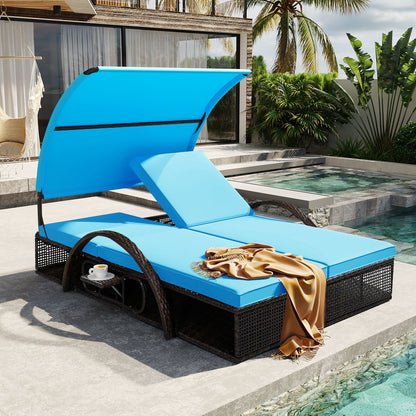 U_STYLE Outdoor Steel Frame Sun Lounger with Adjustable Backrest,Patio Double Sunbed with Hidden Side Table and Arched Armrests,Suitable for Patio Pool Deck,Garden,Backyard