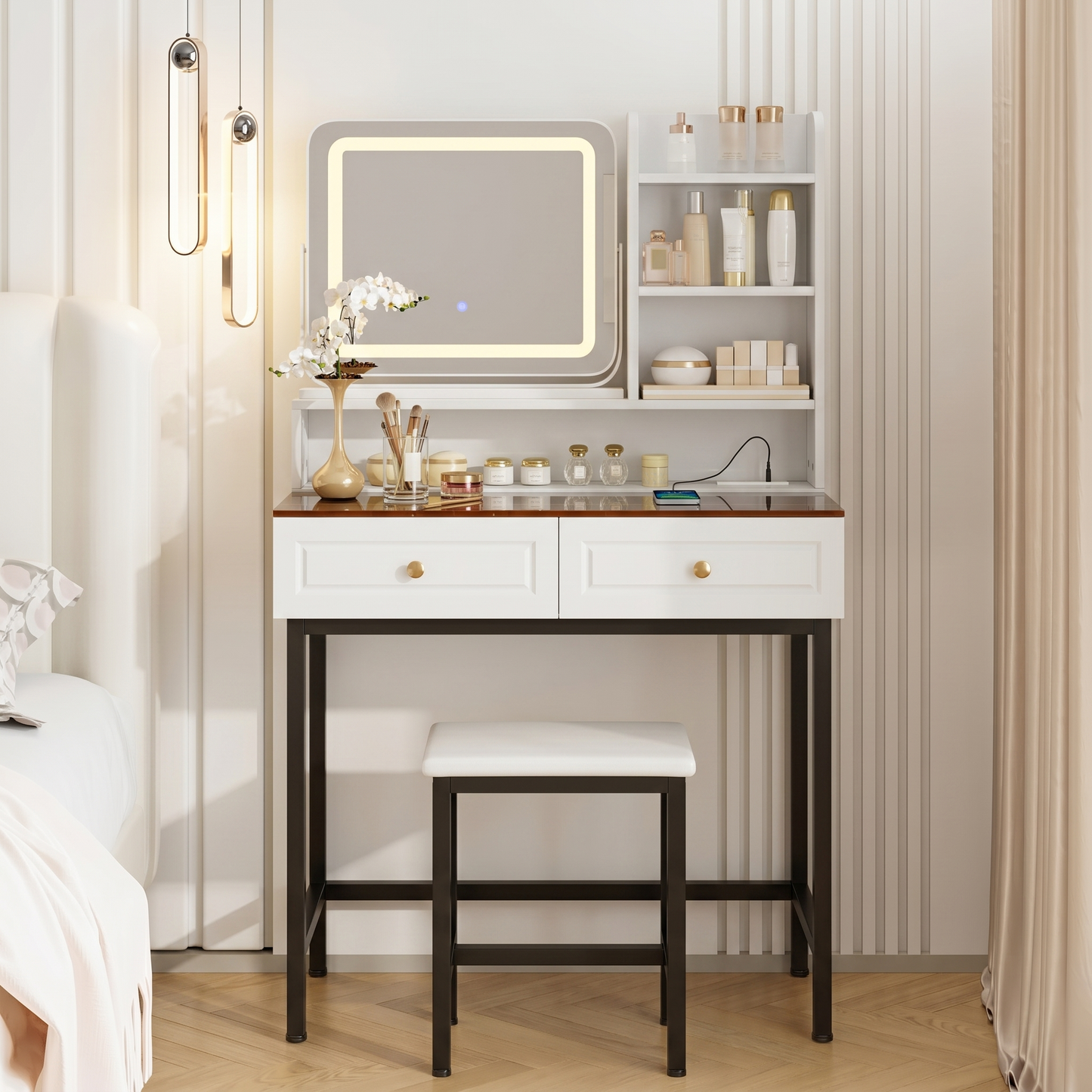 Makeup Vanity with LED Lighted Mirror,  360° Rotatable Mirror, Vanity Desk with 2 Drawers,Power Outlet and 3-Tier Shelves, Amber Glass Table Top, Dressing Table with Sturdy Metal Leg and  Stool, White