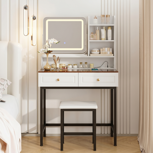 Makeup Vanity with LED Lighted Mirror,  360° Rotatable Mirror, Vanity Desk with 2 Drawers,Power Outlet and 3-Tier Shelves, Amber Glass Table Top, Dressing Table with Sturdy Metal Leg and  Stool, White
