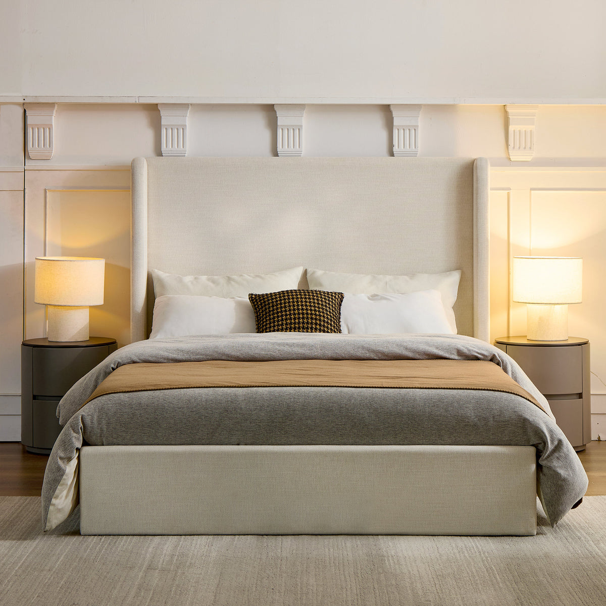 Carmen Upholstered Wingback Bed / Upholstered Platform Bed Frame / 54" High Headboard / Simplicity / Minimalist / No Box Spring Needed / Easy Assembly / Queen/ Textured Ivory Canvas / No Noise