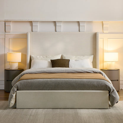Carmen Upholstered Wingback Bed / Upholstered Platform Bed Frame / 54" High Headboard / Simplicity / Minimalist / No Box Spring Needed / Easy Assembly / Queen/ Textured Ivory Canvas / No Noise