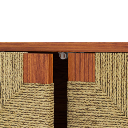 Mid Century Boho Freestanding Accent Cabinet, Handmade Paper Rope Woven Push-to-Open Double Doors, , Adjustable  Shelf, Sideboard Storage Cabinet for Kitchen Entryway  Living Room