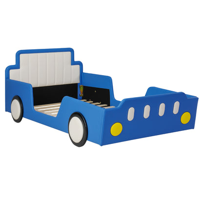 Twin Size Race Car-Shaped Platform Bed with Wheels,Blue