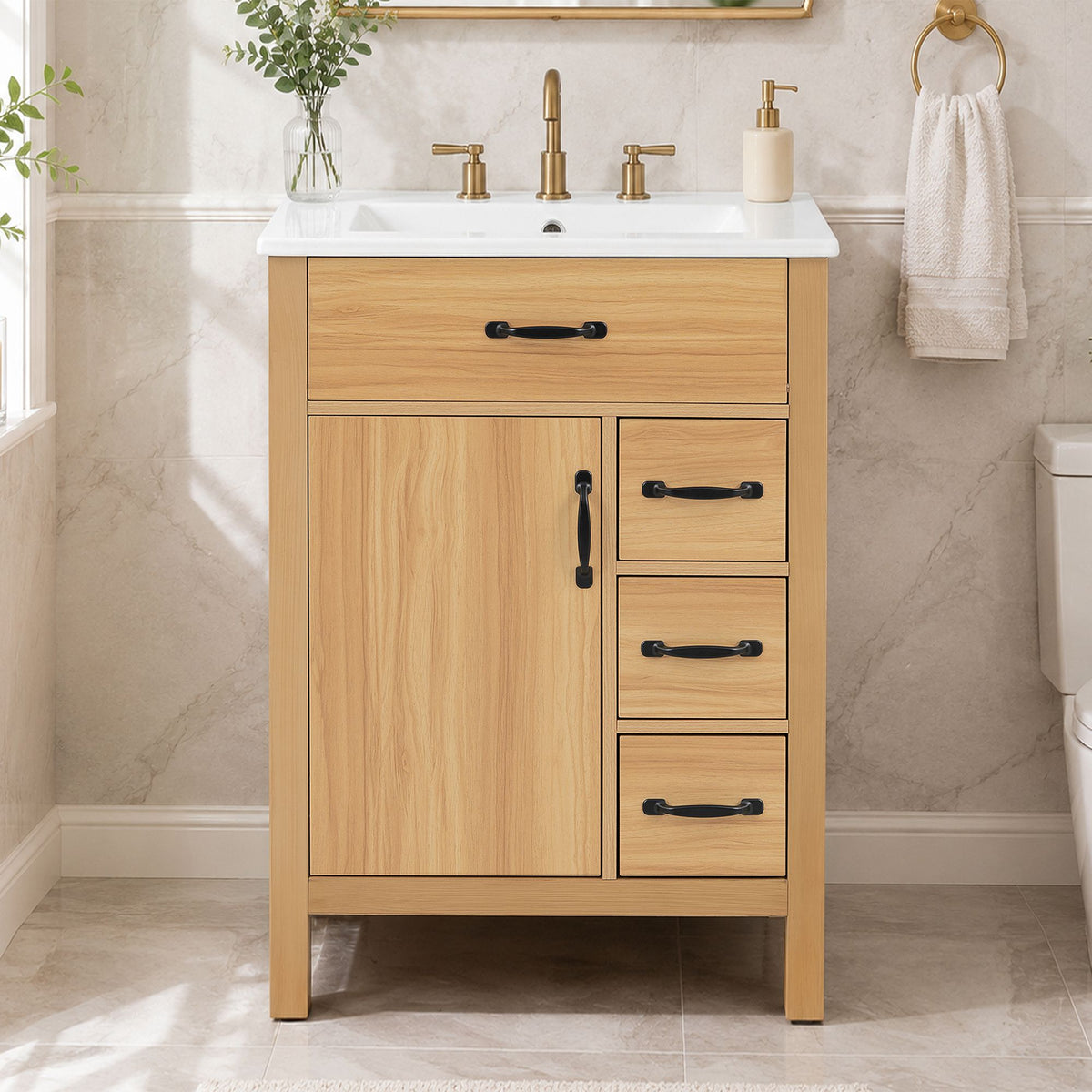 24 Inch Modern Traditional Bathroom Vanity with Ceramic Sink, MDF Cabinet & Solid Wood Legs, Black Zinc Alloy Handles, Wood Grain Melamine Finish
