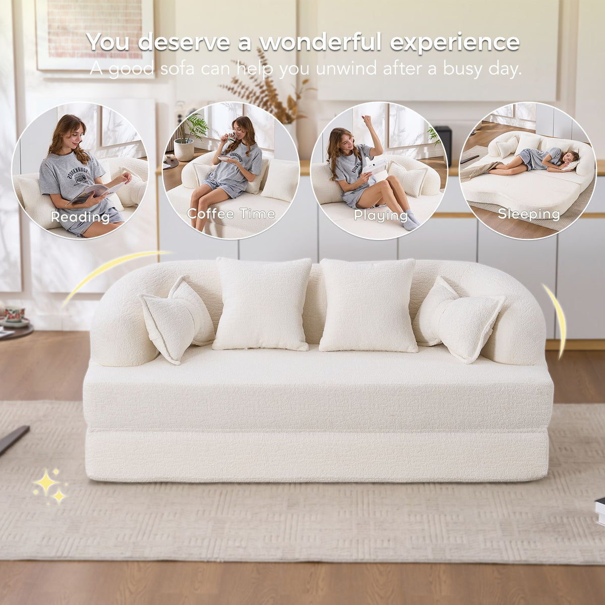 (Old Sku : W2231P392100) 2-in-1 Foldable Sofa Bed,70 Inch Folding Boneless Couch Convertible Compressed Sleeper Sofabed, 4 Pillows for Living Room Apartment, Milk White
