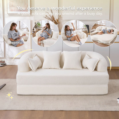 (Old Sku : W2231P392100) 2-in-1 Foldable Sofa Bed,70 Inch Folding Boneless Couch Convertible Compressed Sleeper Sofabed, 4 Pillows for Living Room Apartment, Milk White
