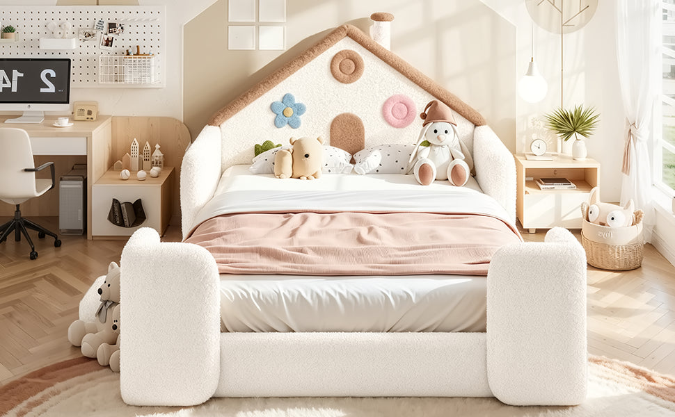 Full House Shaped Upholstered Floor bed, Upholstered Kids bed with Safety Side Rails, Solid Children Bed Frame, Low Floor Playhouse Bed for Nursery & Kids Bedroom.Beige & Natural