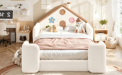 Full House Shaped Upholstered Floor bed, Upholstered Kids bed with Safety Side Rails, Solid Children Bed Frame, Low Floor Playhouse Bed for Nursery & Kids Bedroom.Beige & Natural