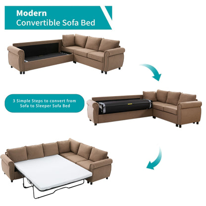 [NEW ARRIVED] [VIDEO PROVIDED] Sleeper Sofa, 2 in 1 Pull Out Couch Bed,6 seater sofa bed, L Shaped Sleeper Sectional Sofa Couch,Riveted sofa,104'' Large combined sofa Bed in living room, Brown