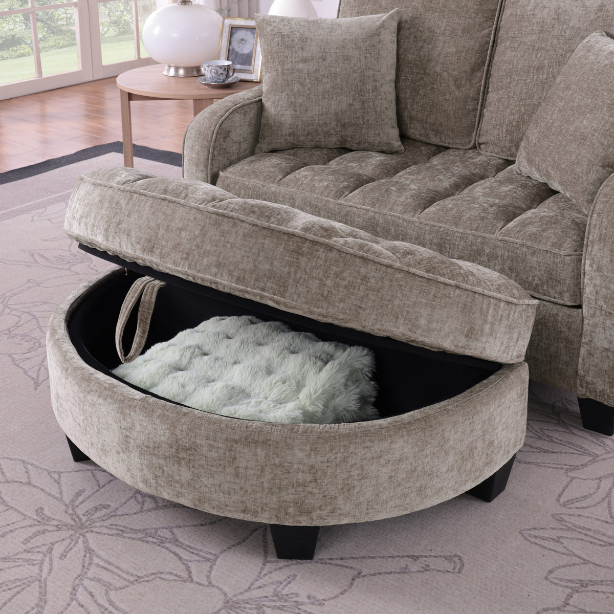 Two-seater sofa, double sofa chaise longue, with irregular armrests and backrests, footrest with storage space – Brown