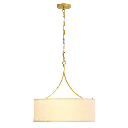3-Light Gold Fabric Drum Pendant Light, Transitional Farmhouse Dining Room Chandelier Over Table, Adjustable Height Ceiling Light Fixture for Kitchen Island Living Room Entryway