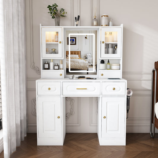 Large Vanity Table Set Makeup Vanity Dressing Table with Mirror, 3 Drawers & Shelves, With power socket, hair dryer holder, cabinet light,Dresser Desk (old SKU W509P301793)