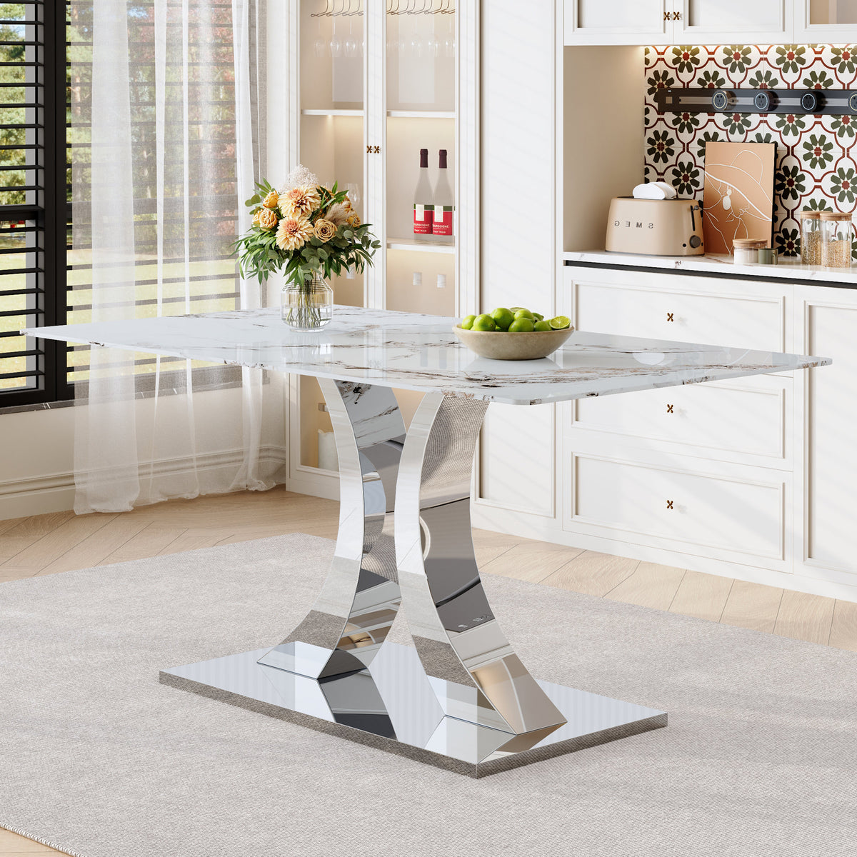 Transformable Heavy-Duty Stainless Steel Base in Silver 63" x 35" Dining Table  Luxury Pandora White Pattern Tempered Glass Rock Top for Kitchen Dining Room