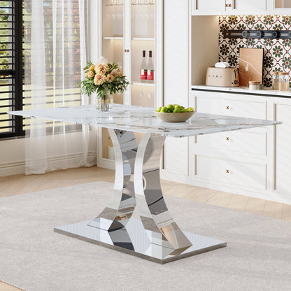 Transformable Heavy-Duty Stainless Steel Base in Silver 63" x 35" Dining Table  Luxury Pandora White Pattern Tempered Glass Rock Top for Kitchen Dining Room
