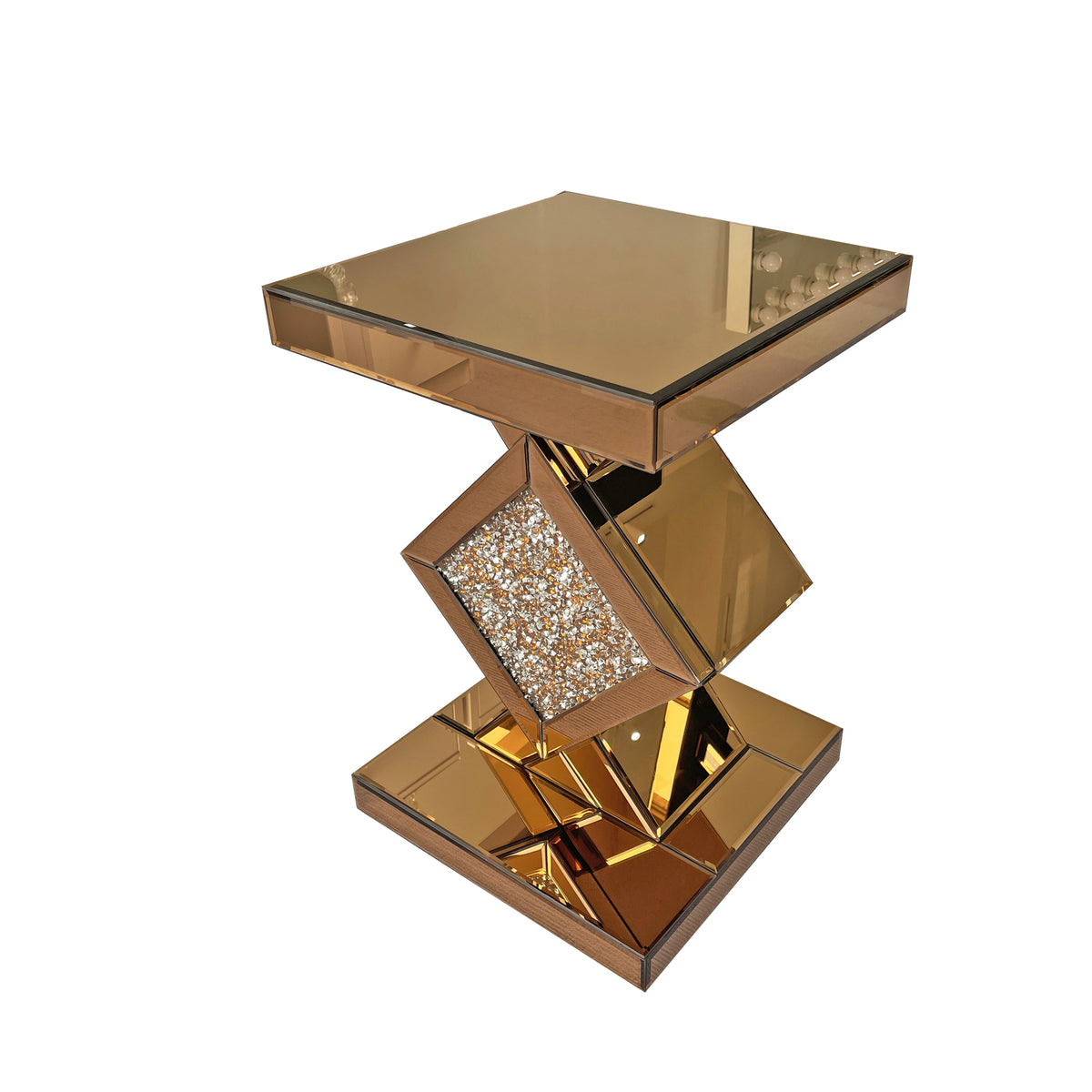 Crushed Diamond Mirrored End Table, Brown Side Accent Table, Small Mirrored Coffee Table for Living Room, Bedroom,
