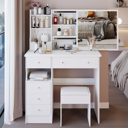 37" Left Drawer Desktop Makeup Vanity Table + Cushioned Stool, Extra Large Right Sliding Mirror, Multi Layer High Capacity Storage