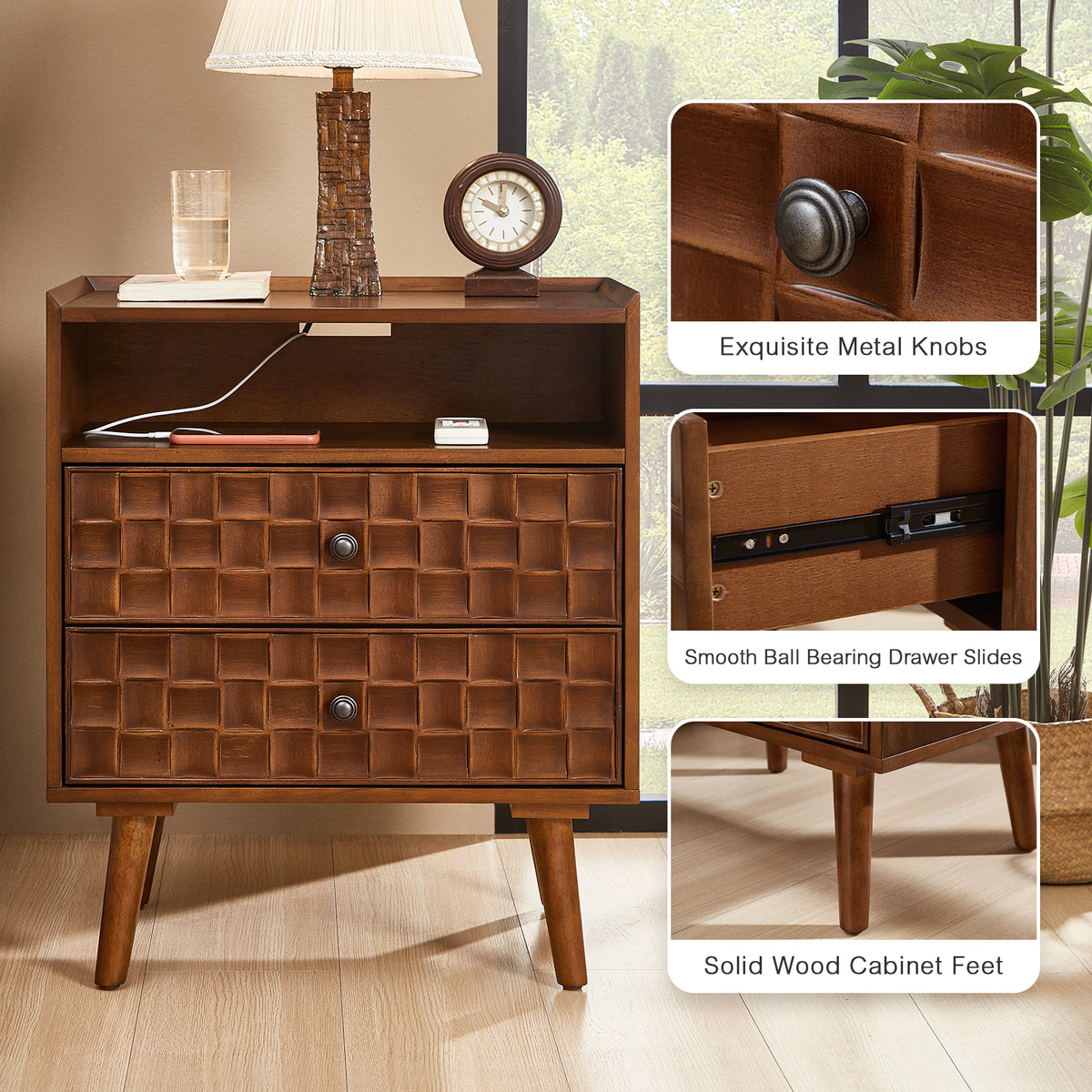 Nightstand with Charging Station, 2 Drawer Bedside Table with Shelf  Features geometric drawer fronts, open storage, USB and AC charging, and solid wood legs for everyday convenience