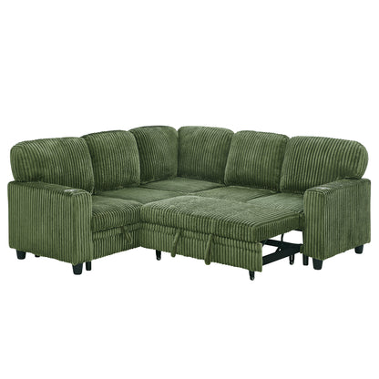 L-Shaped Sectional Sofa Bed with Pull-Out Bed & Storage, 5-Seat Sleeper Couch with USB Charging, Convertible Design, Corduroy Fabric