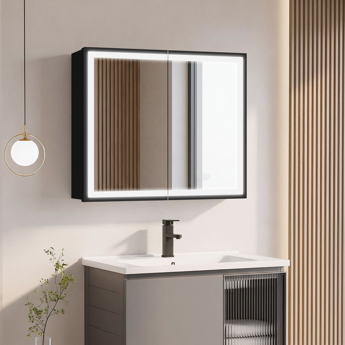30*26 inch Black Metal Framed Wall mount LED Bathroom Medicine Cabinet with Mirror