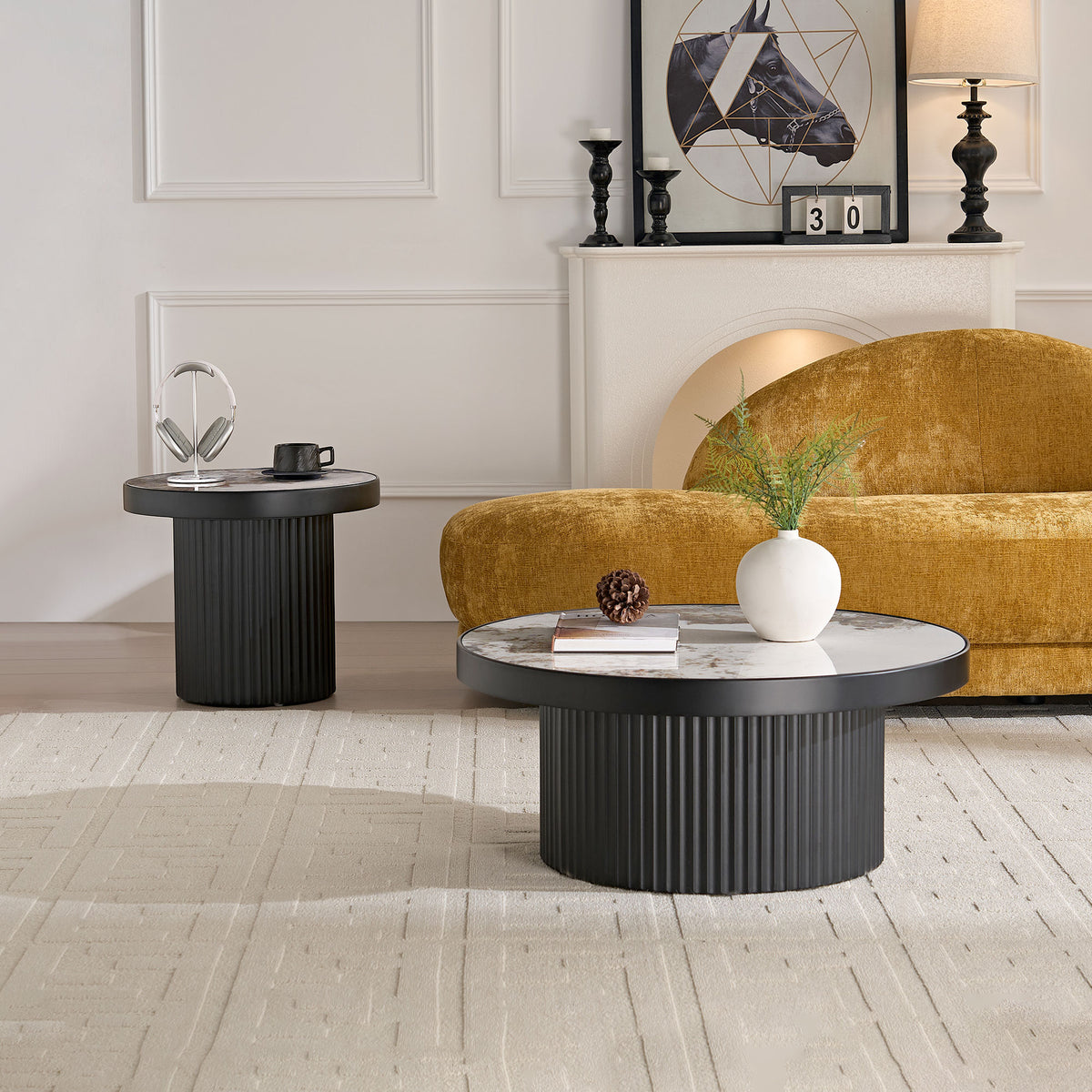 Set of 2 Coffee Table,MDF Round Coffee Table Sintered Stone Tabletop for Living Room Apartment,Leisure Area BLACK