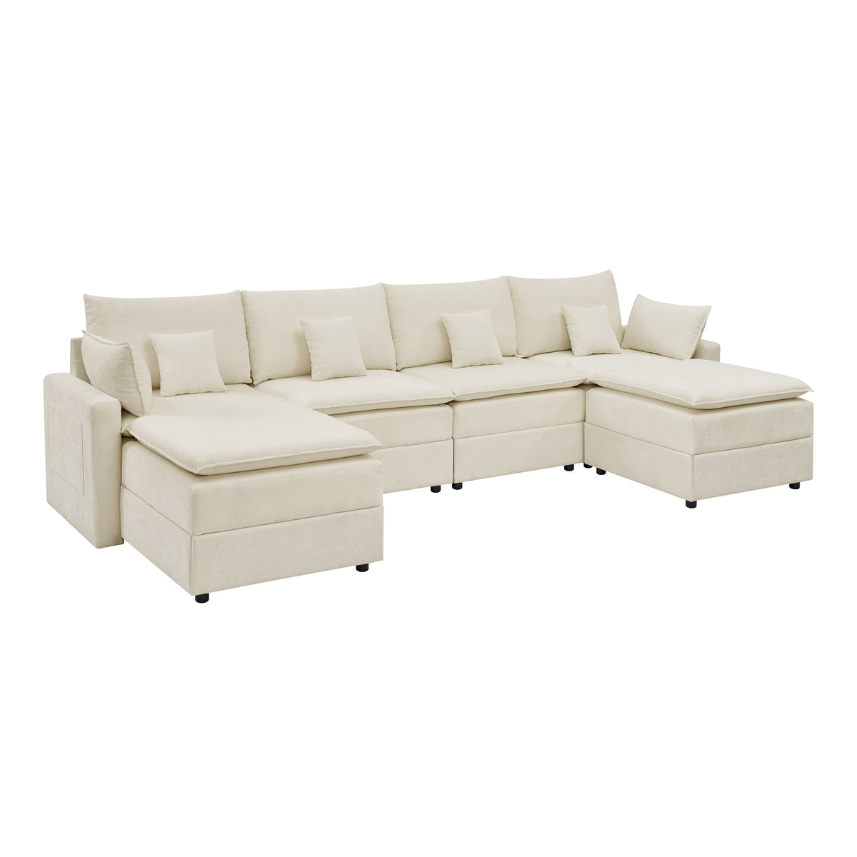 132" Cloud Modular Sectional Sofa, Deep Seat U Shaped Couch with Ottoman, Chenille Upholstered Sofa with Chaise, Plush Cushions, 6 Seat Modern Comfy Couch for Living Room & Apartment, Beige