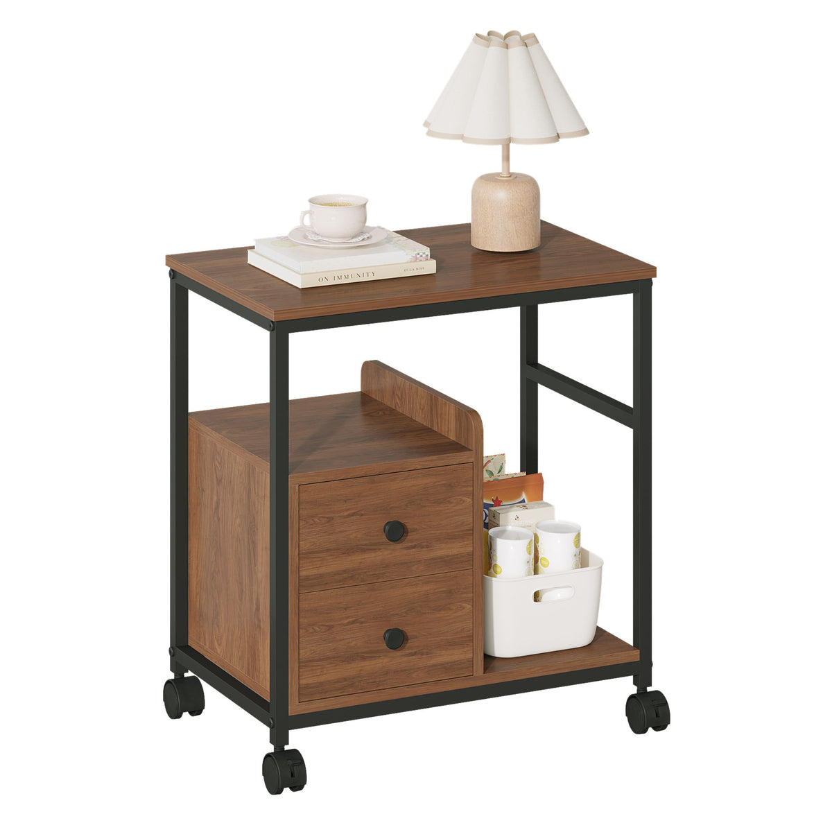 End Table with Wheels & Storage Drawers, Side Table,  Nightstand, Stable Metal Frame, Wood Top, for Bedroom Kitchen Living Room and Office, 14.9"D x 23.6"W x 25.7"H