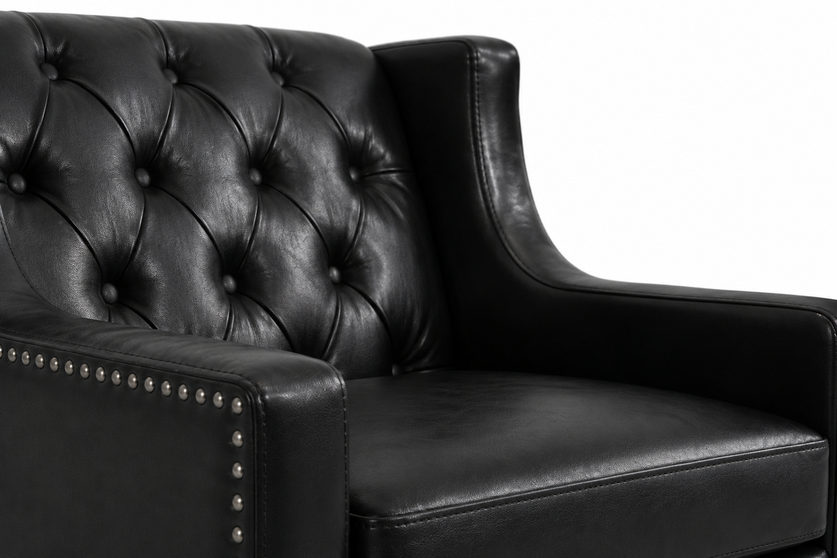 Black Faux PU Leather Accent Chair, Mid-Century Tufted Armchair with Nailhead Trim, Equipped with High Resilience Sponge Cushion & Solid Wood Legs, Comfortable Single Sofa for Living Room, Bedroom